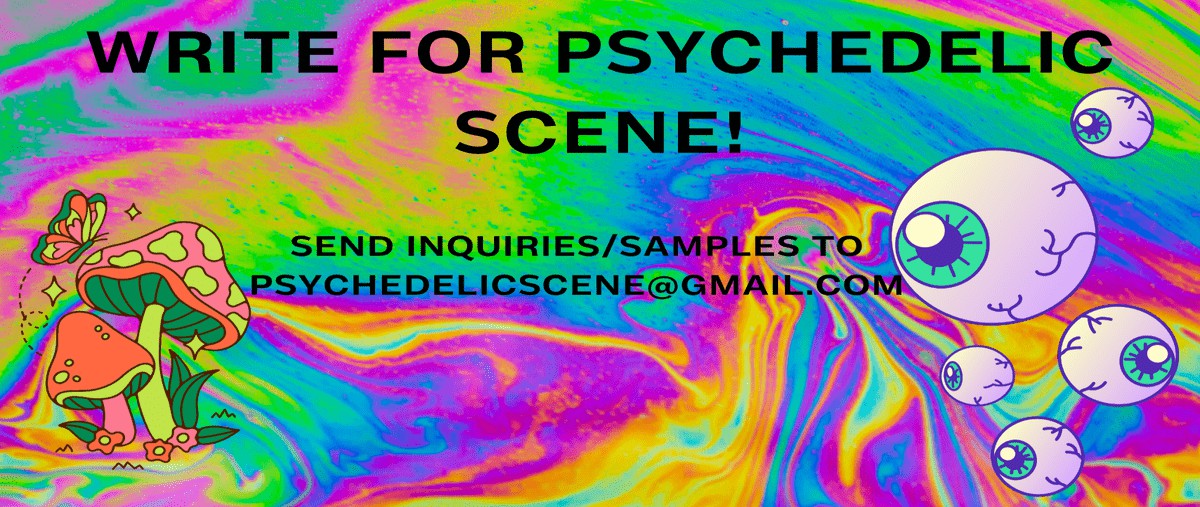 Psychedelic background with eyeballs and mushrooms with words Write for Psychedelic Scene