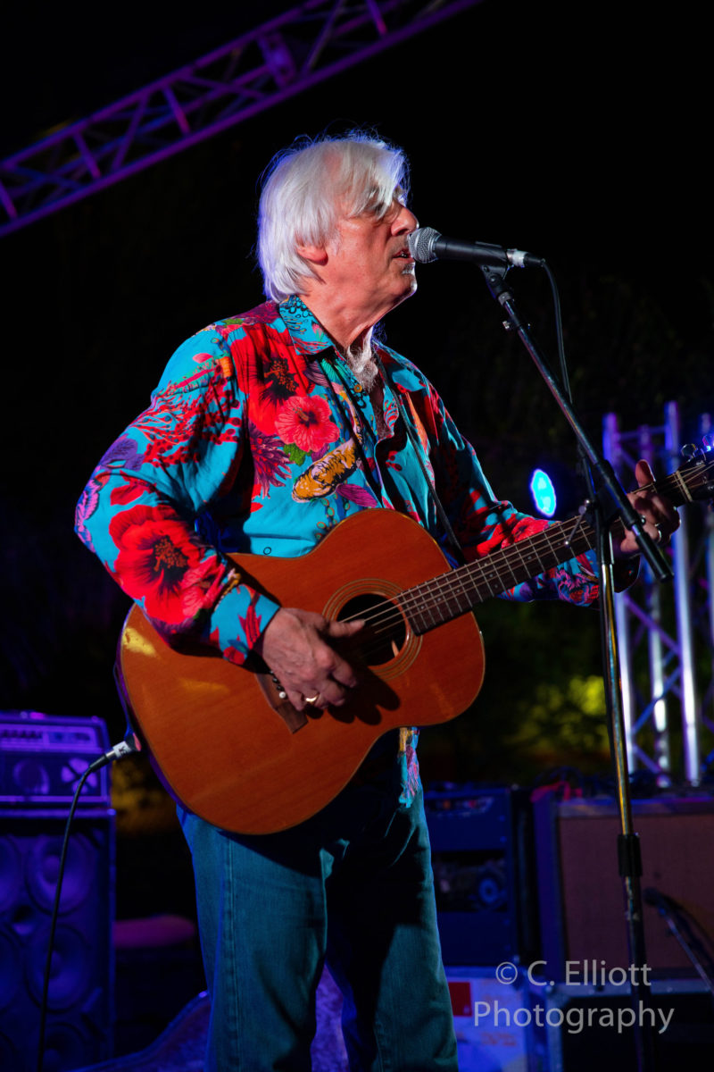 Robyn Hitchcock performing outdoors at night with brightly colored shirt