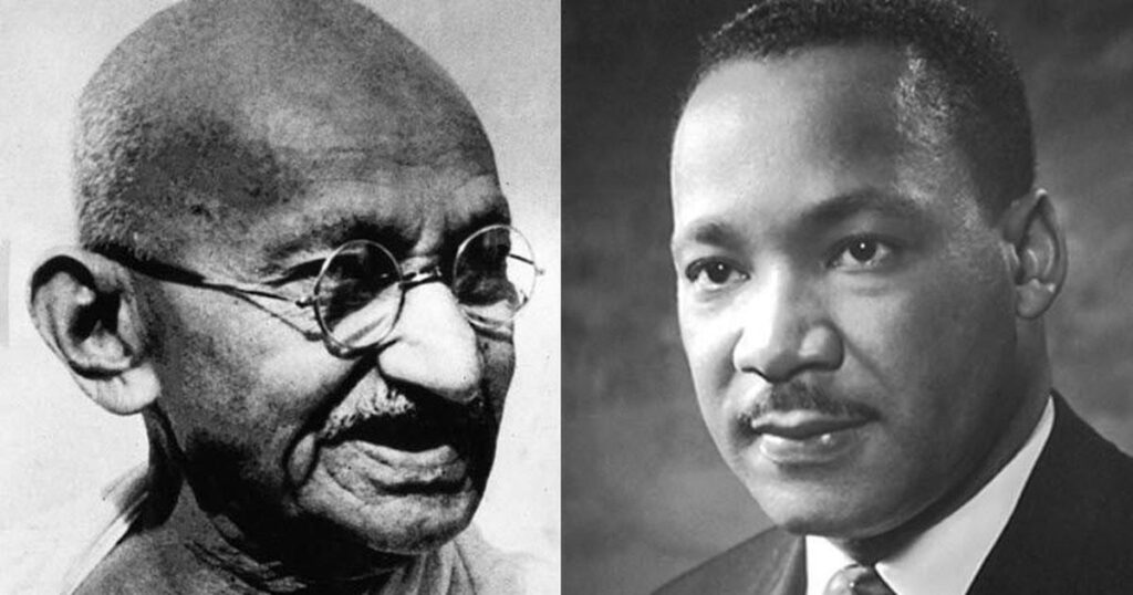Black and white head photos of Gandhi and Martin Luther King, Jr.