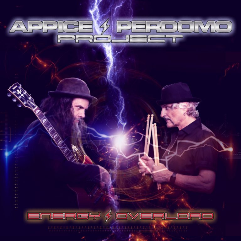Appice-Perdomo Project's Energy Overload cover with a bolt of lightning coming down between the two musicians who are facing each other