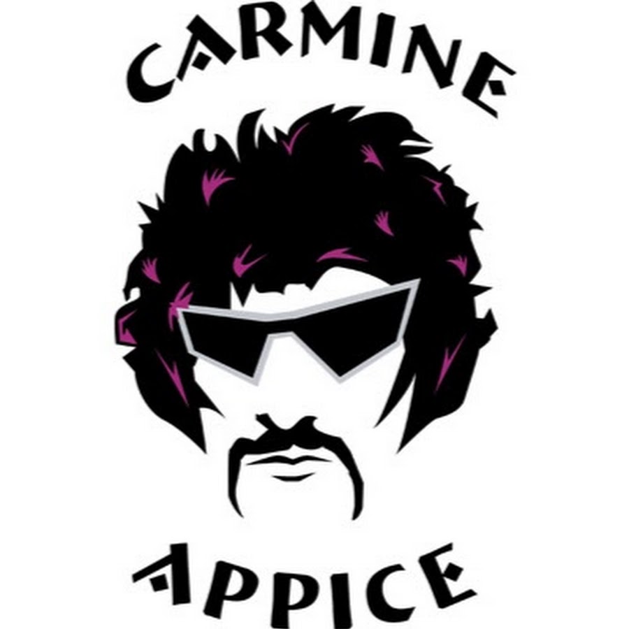 Carmine Appice Logo featuring his face with sunglasses, fu manchu, and purple-highlighted hair