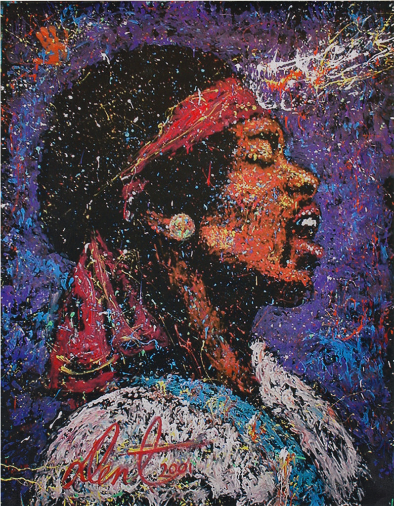 Portrait of Jimi Hendrix with red head band that was done by artist Denny Dent