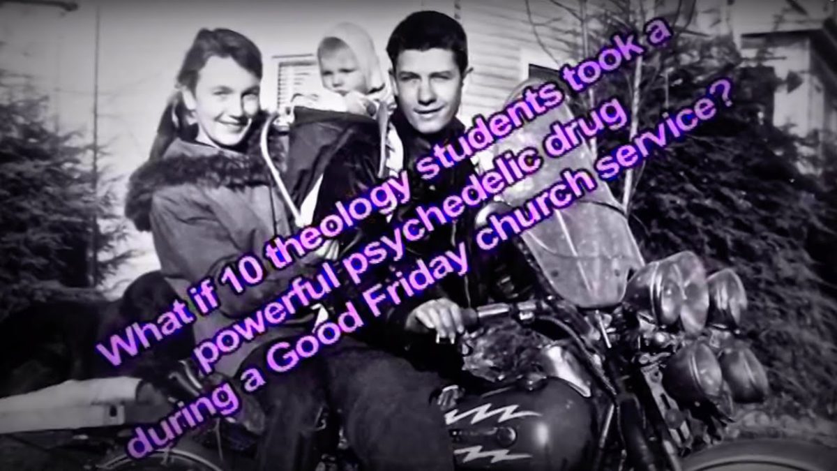 Black and white image of Walter Pahnke and woman on motorcycle with words written in purple diagonally across photo