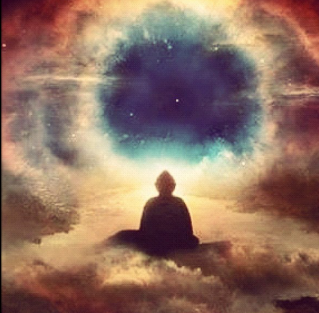 Shadow of a Buddha-like figure sitting cross-legged on a cloud looking into the cosmos, which looks like an eye