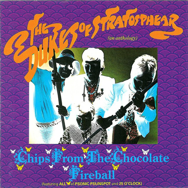 Chips from the Chocolate Fireball album cover showing Dukes of Stratosphear's three members in negative image with bright blue color added on a purple background and album information