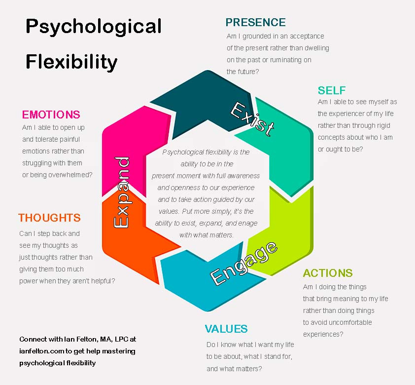 Chart of Psychological Flexibility with bright colors to indicate emotions, thoughts, presence, etc.