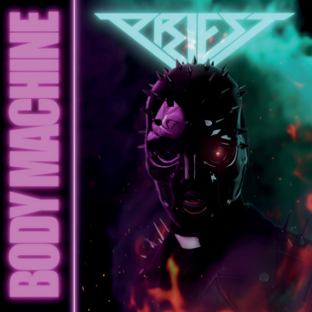 Album Cover with close-up of cyborg priest with turquoise neon logo saying Priest above his head and the album title Body Machine in pink neon running up left side