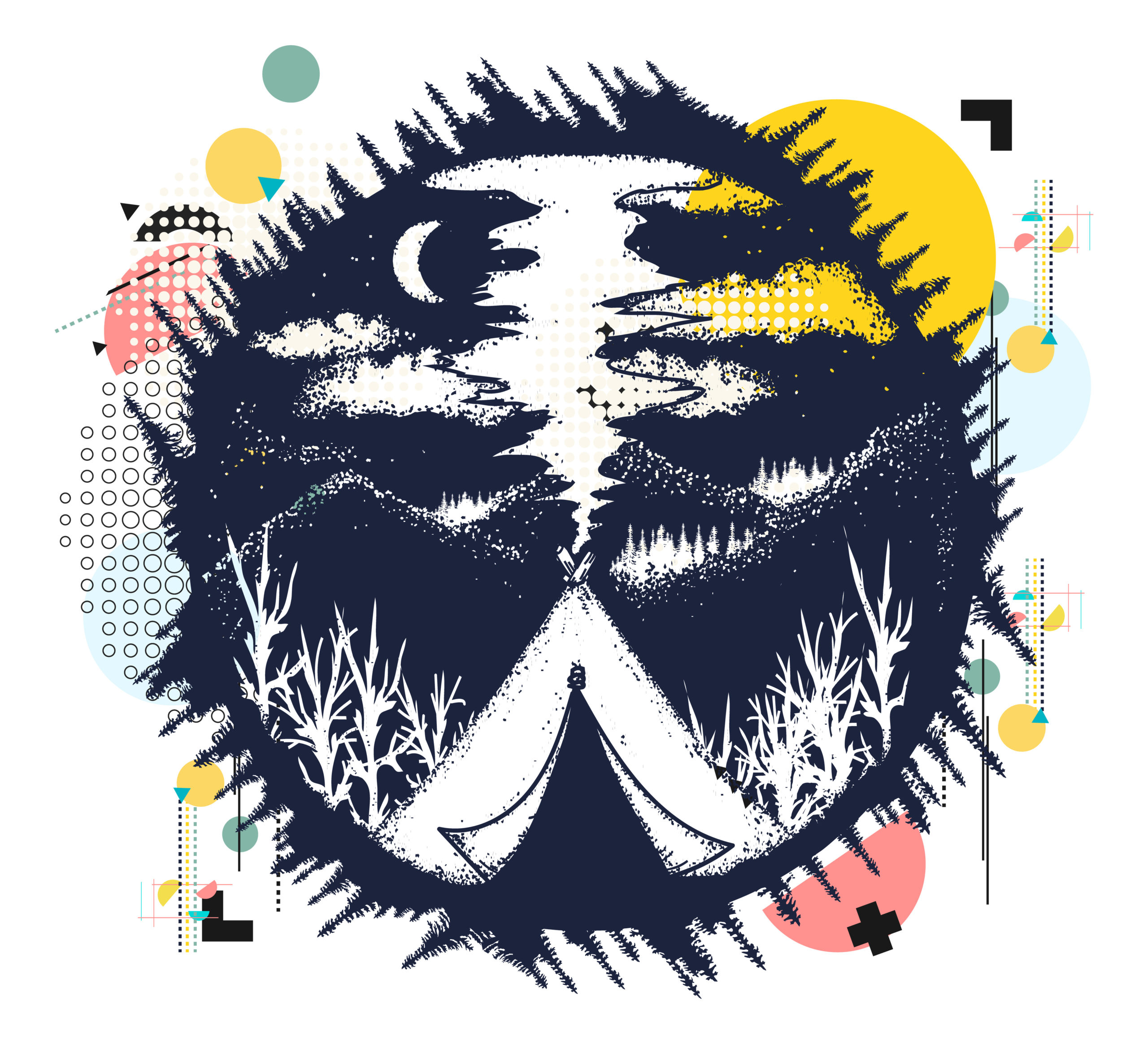 Tent in mountains. Travel symbol, tourism, extreme sports, outdoor. Camping. Zine culture concept. Hand drawn vector glitch tattoo, contemporary cyberpunk collage.