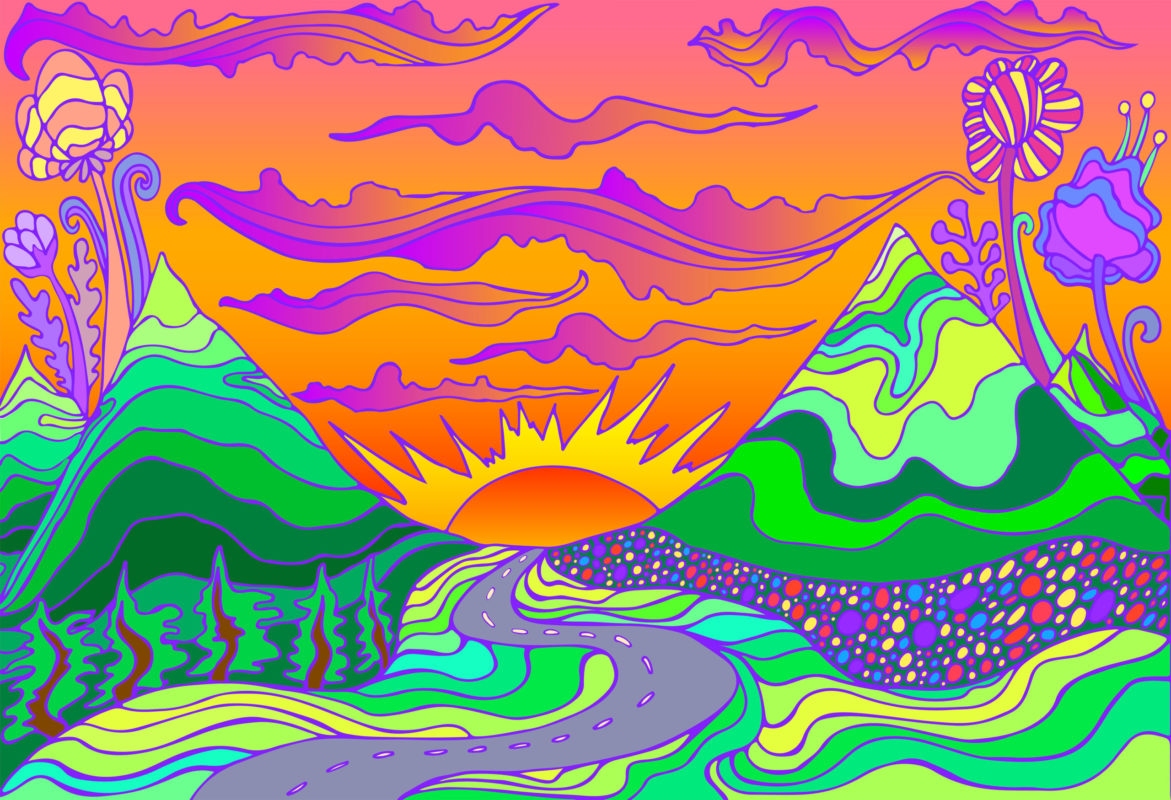 Psychedelic Sunrise landscape with mountains and trees