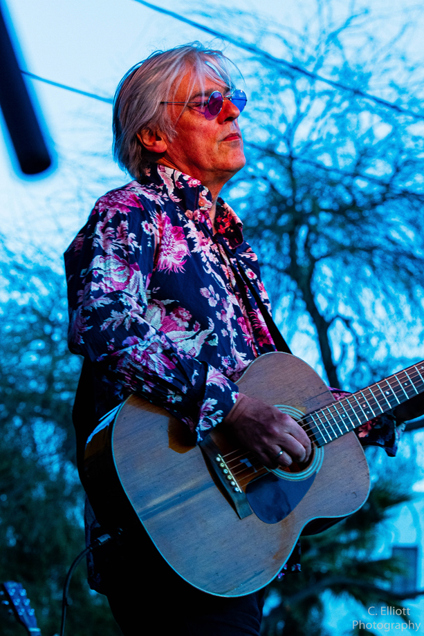 Robyn Hitchcock playing acoustic guitar on outdoor stage with eerie blue sky and trees in background
