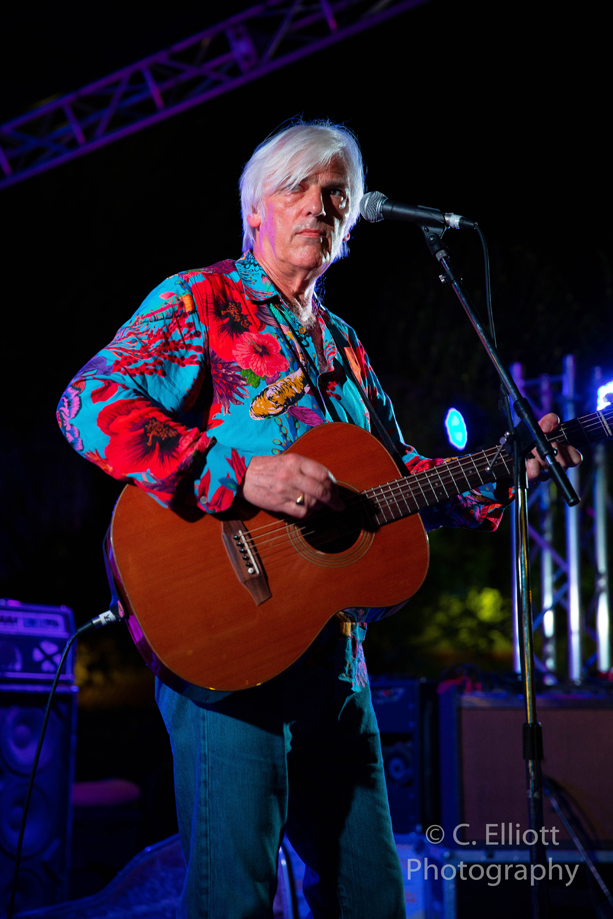 Robyn Hitchcock playing acoustic guitar outside onstage at night