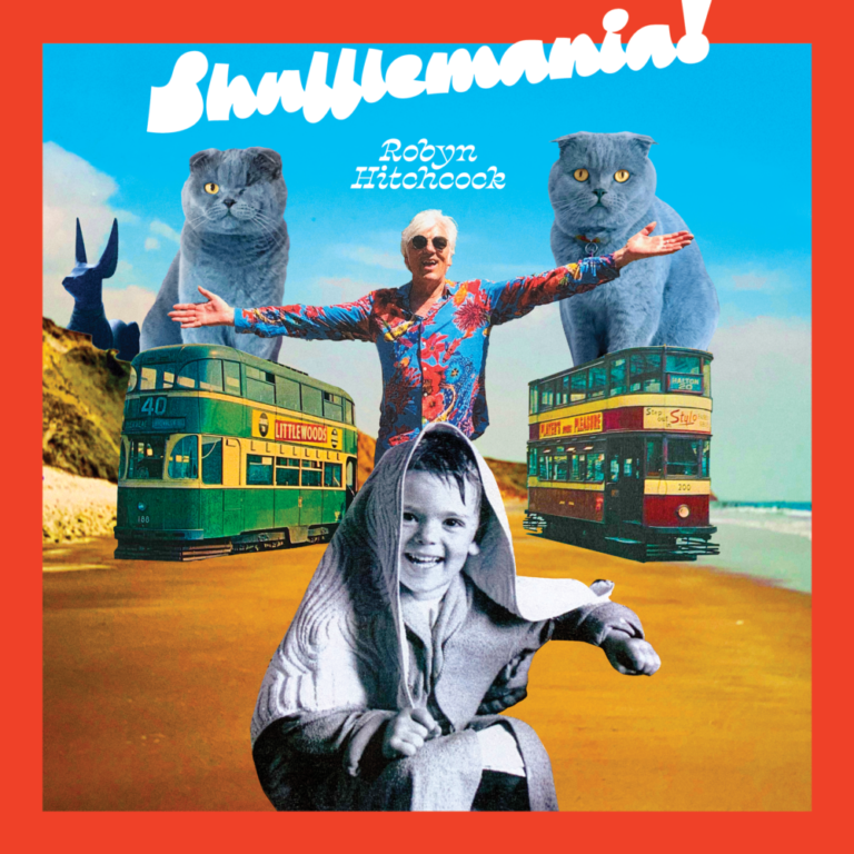 Album cover of Robyn Hitchcock's Shufflemania! shows black and white image of boy running with blanket on, Robyn himself standing with arms out wearing multi-colored, long-sleeved shirt with two giant cats each on top of double-decker buses.