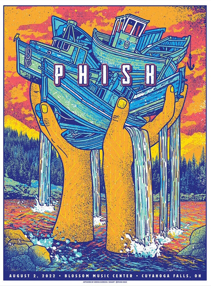 Phish at Blossom Music Center 2022 poster with two hand holding boat