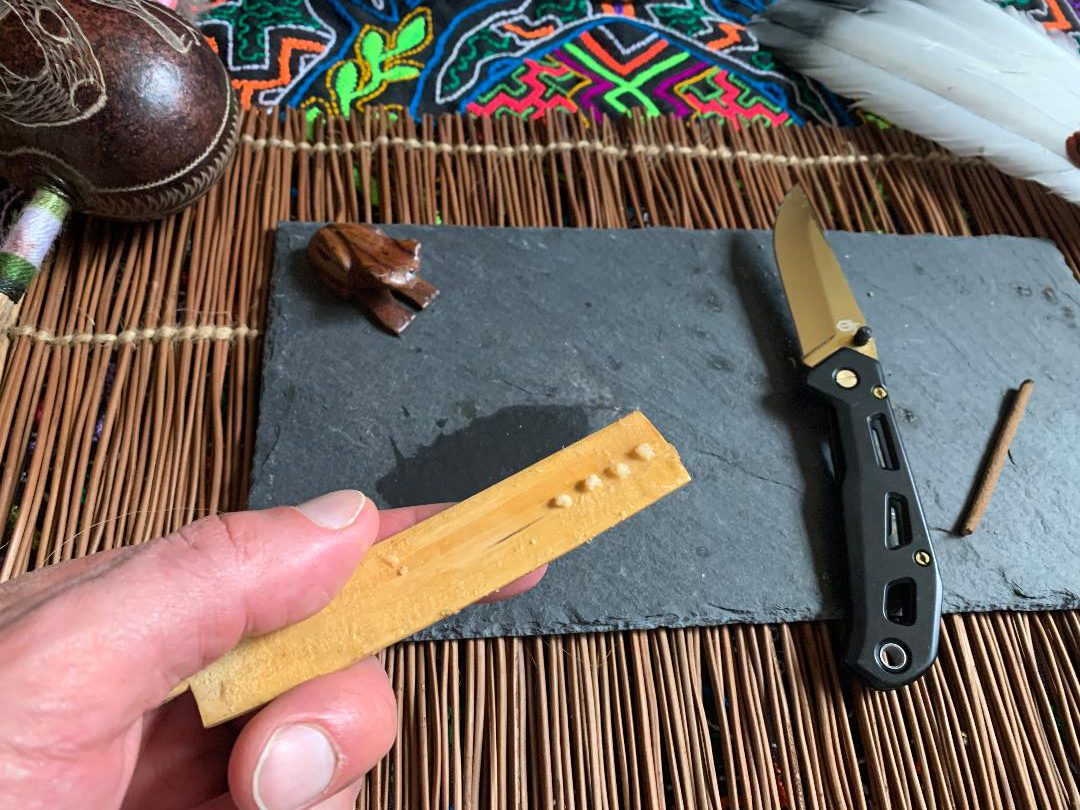 Photo of a hand holding the Kambo Stick with knife laid out on mat behind it