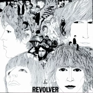 Revolver album cover--drawing of the Beatles' faces with photos of other people in the "hair"