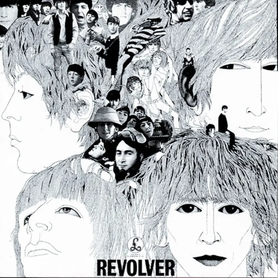 Revolver album cover--drawing of the Beatles' faces with photos of other people in the "hair"