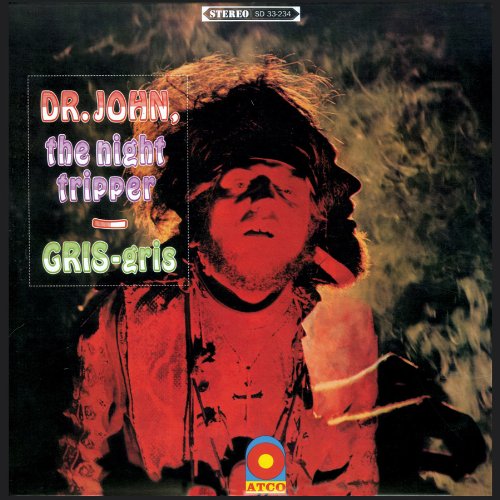 Dr. John lit by red light in a cave with the words "Dr. John, the Night Tripper" and "Gris-gris" overlayed