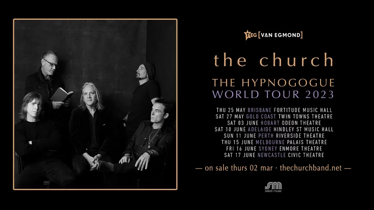 Black banner ad for The Church with band photo on left side and tour schedule on right