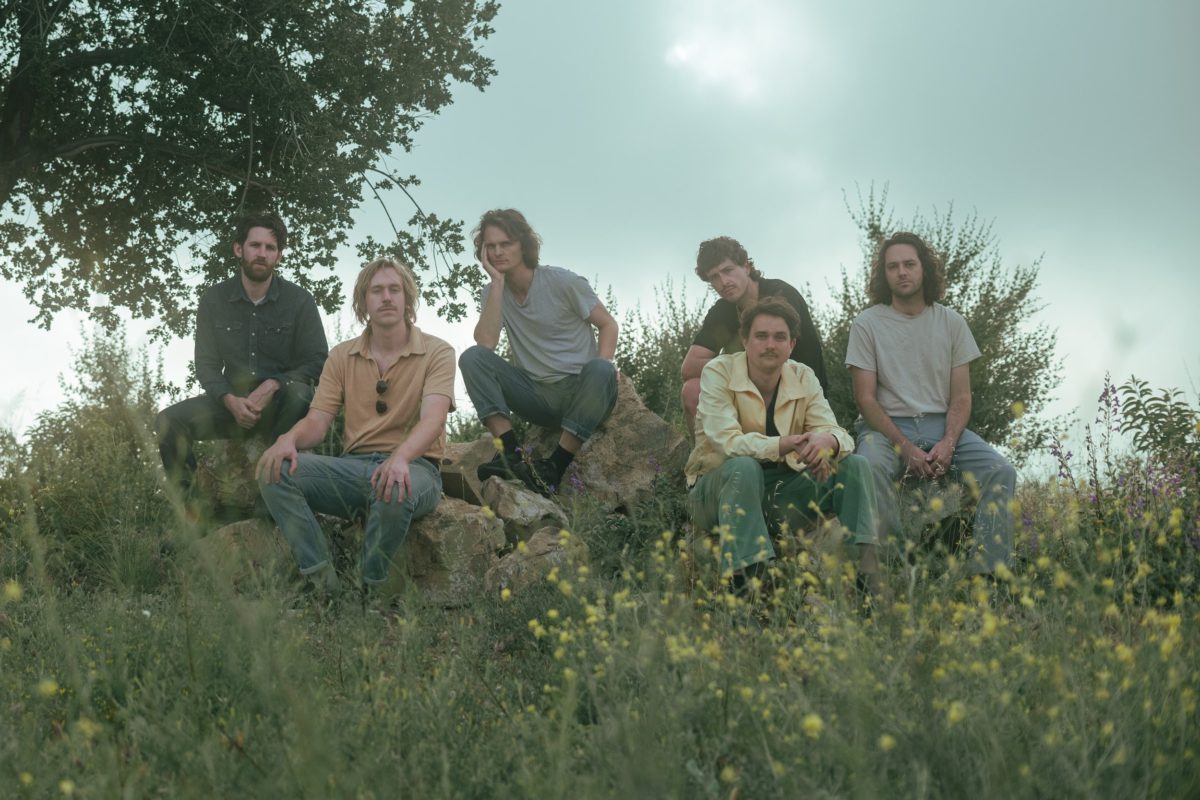 King Gizzard band on a green grassy knoll with green tree and blue sky behind them