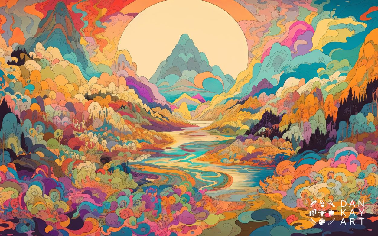 Psychedelic sunrise in valley