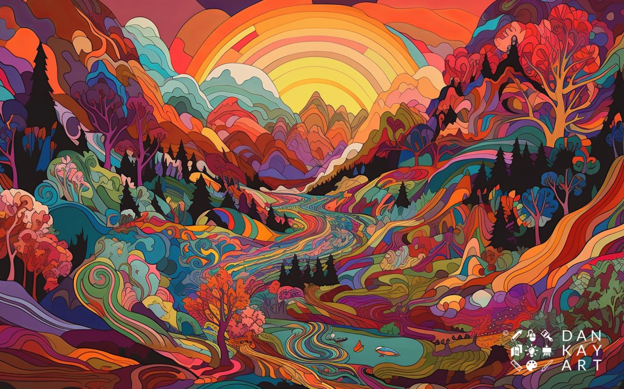 Psychedelic landscape with swirling colors