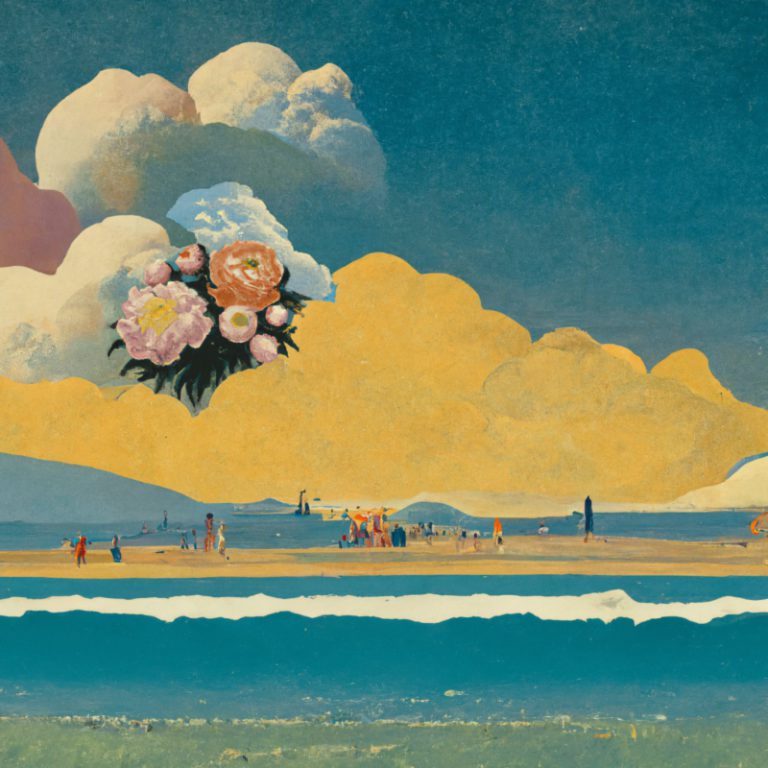 Painting of distant beach with clouds and flowers in sky