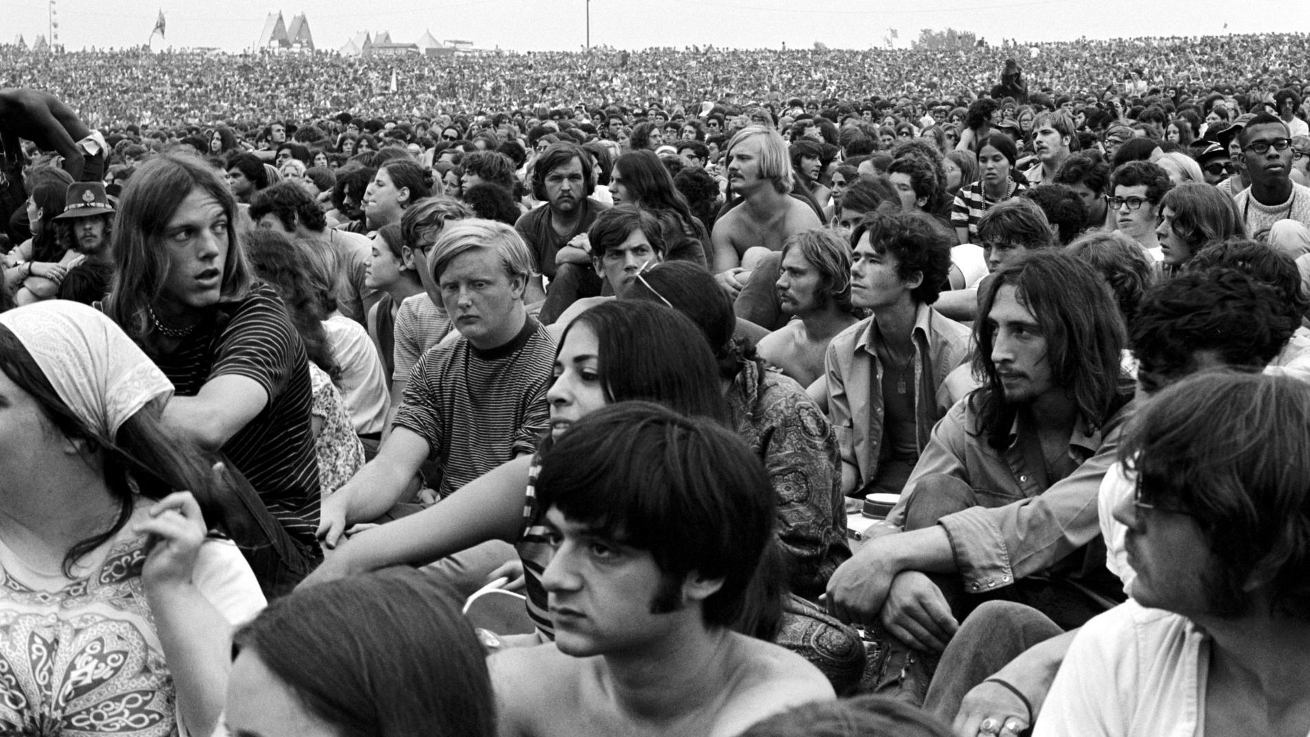 Crowd at Woodstock--black and white