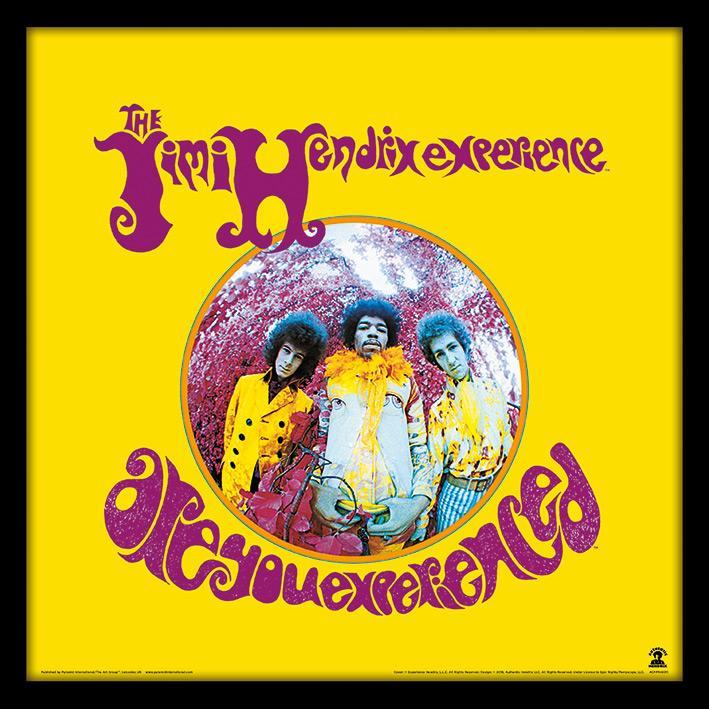Image of trio in fish-eye lens photo with yellow background and the band name and album title in purple lettering.