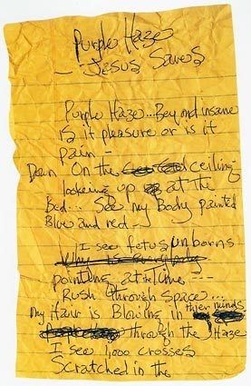Jimi Hendrix's handwritten lyrics for Purple Haze