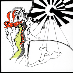 Image of humanoid bodies lined up with a shadow of a humanoid on the ground with a cross and a black and white sun in the sky