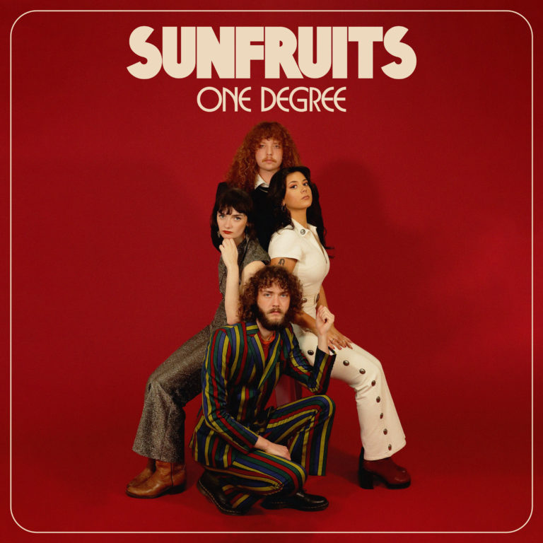 Sunfruits One Degree album cover--all four members posing with red background
