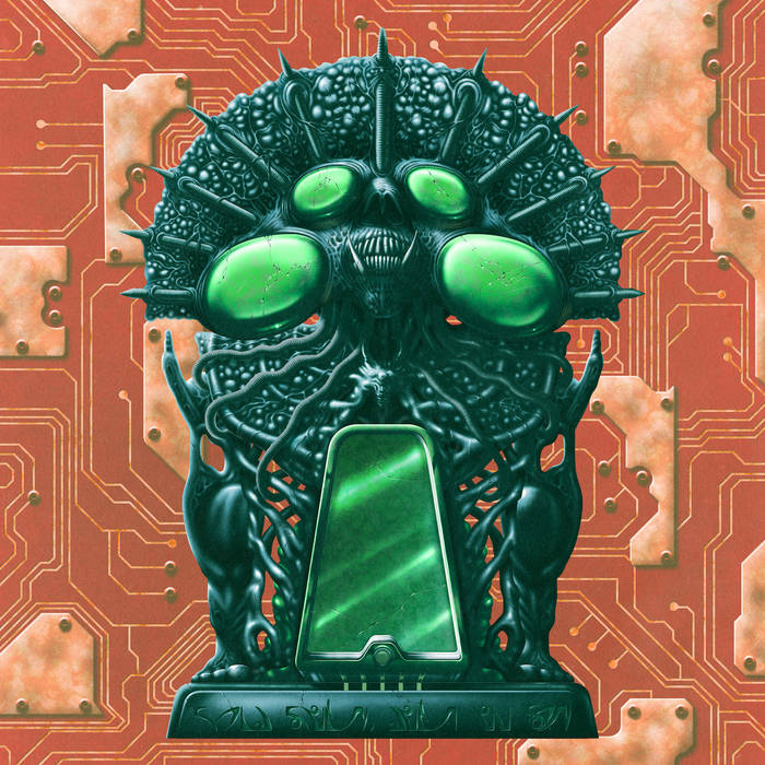 Bizarre green alien idol in front of an orange circuit board background
