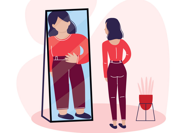 Cartoon image of a thin woman looking into a mirror and seeing herself in the same clothes with the same hairstyle but much larger.