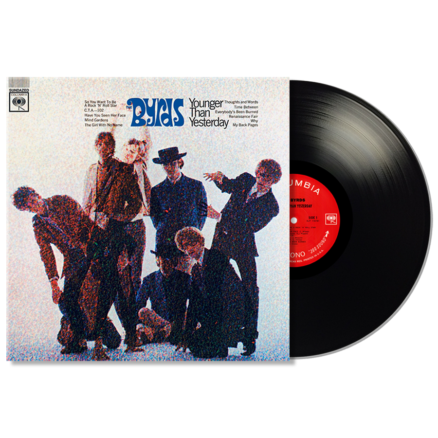Image of the cover of Younger Than Yesterday by The Byrds with the black vinyl halfway out