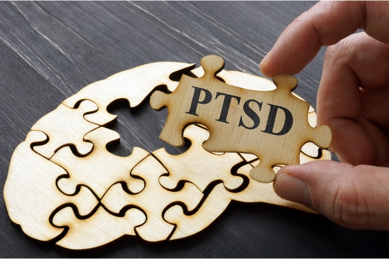 Photo of a brain-shaped jigsaw puzzle with a human hand holding up one piece that says PTSD.