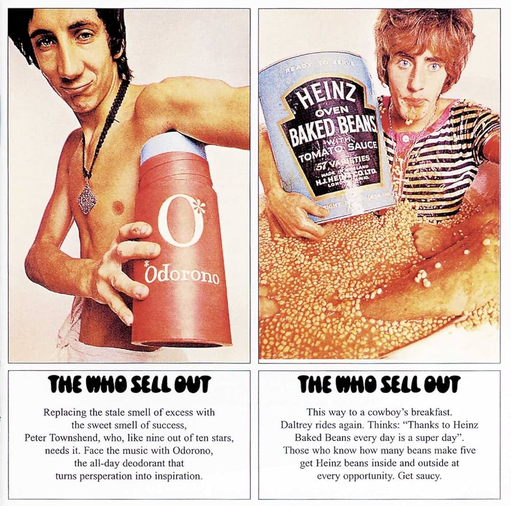 Split image of Pete Townsend shirtless on the left with giant deodorant and Roger Daltrey in striped shirt with giant can of beans