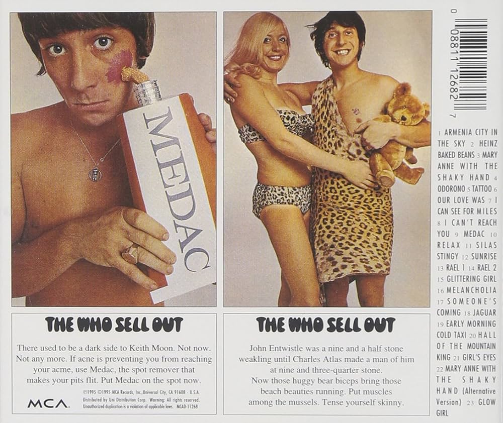 Split image of Keith Moon with giant cream container applying cream to face on left and John Entwhistle and sexy young woman embracing on right.