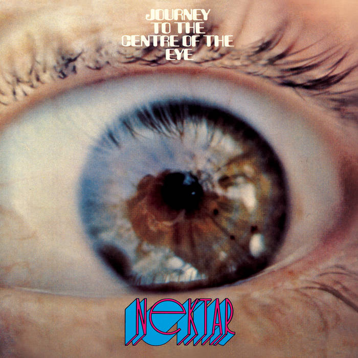 Close-up of a wide open eye with album title in small white letters at the top and band name in blue and purple at the bottom