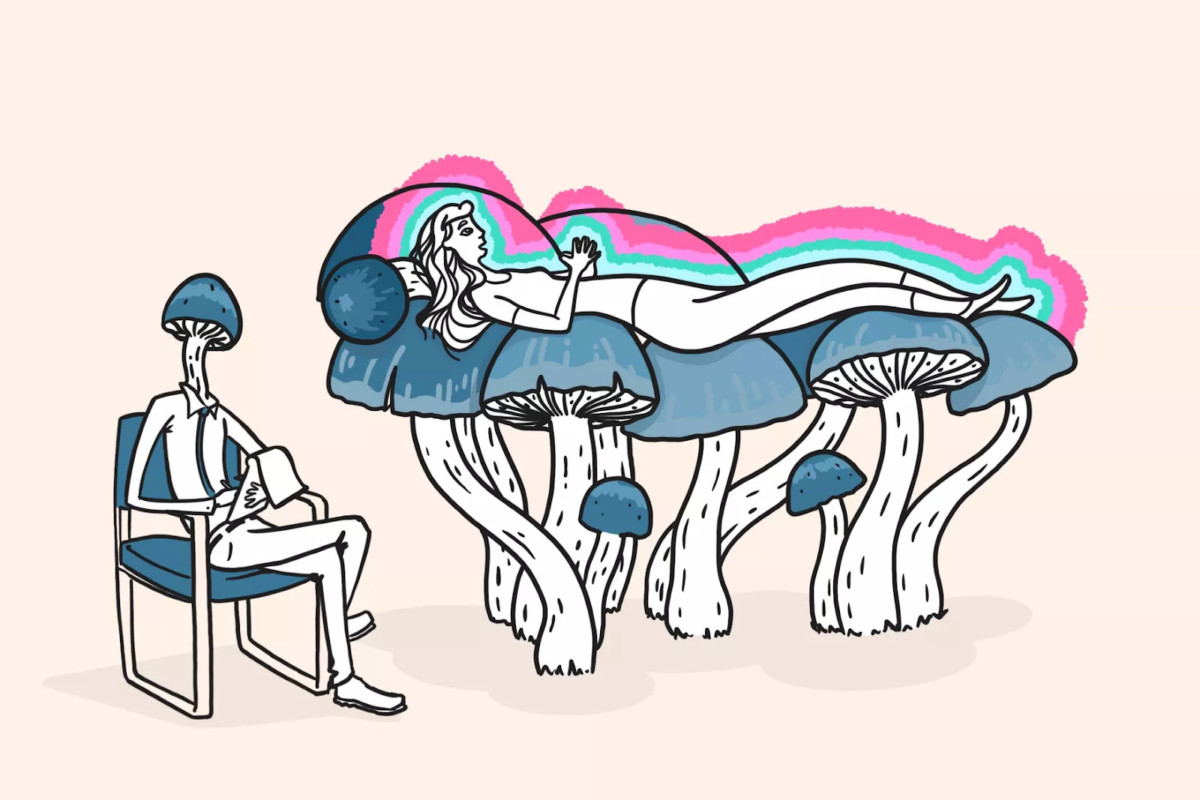 artist rendering of a young woman laying on a bed of mushrooms with a mushroomhead therapist sitting in a chair next to her.