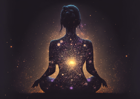 Image of a young woman sitting cross-legged with her back to the viewer and the cosmos appearing on her backside