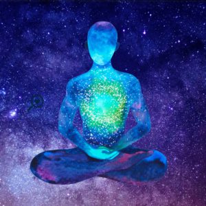 Cosmic being sitting in space with legs crossed