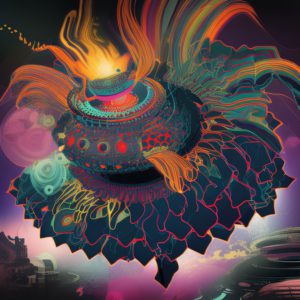 Some type of extra-dimensional spaceship flying in space.