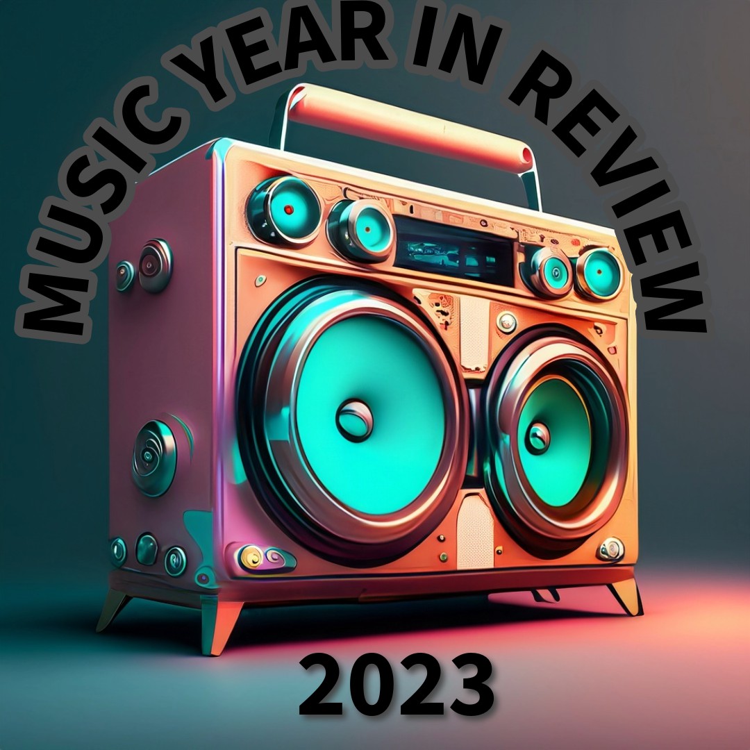 Futuristic retro boom box that says "Music Year in Review 2023"