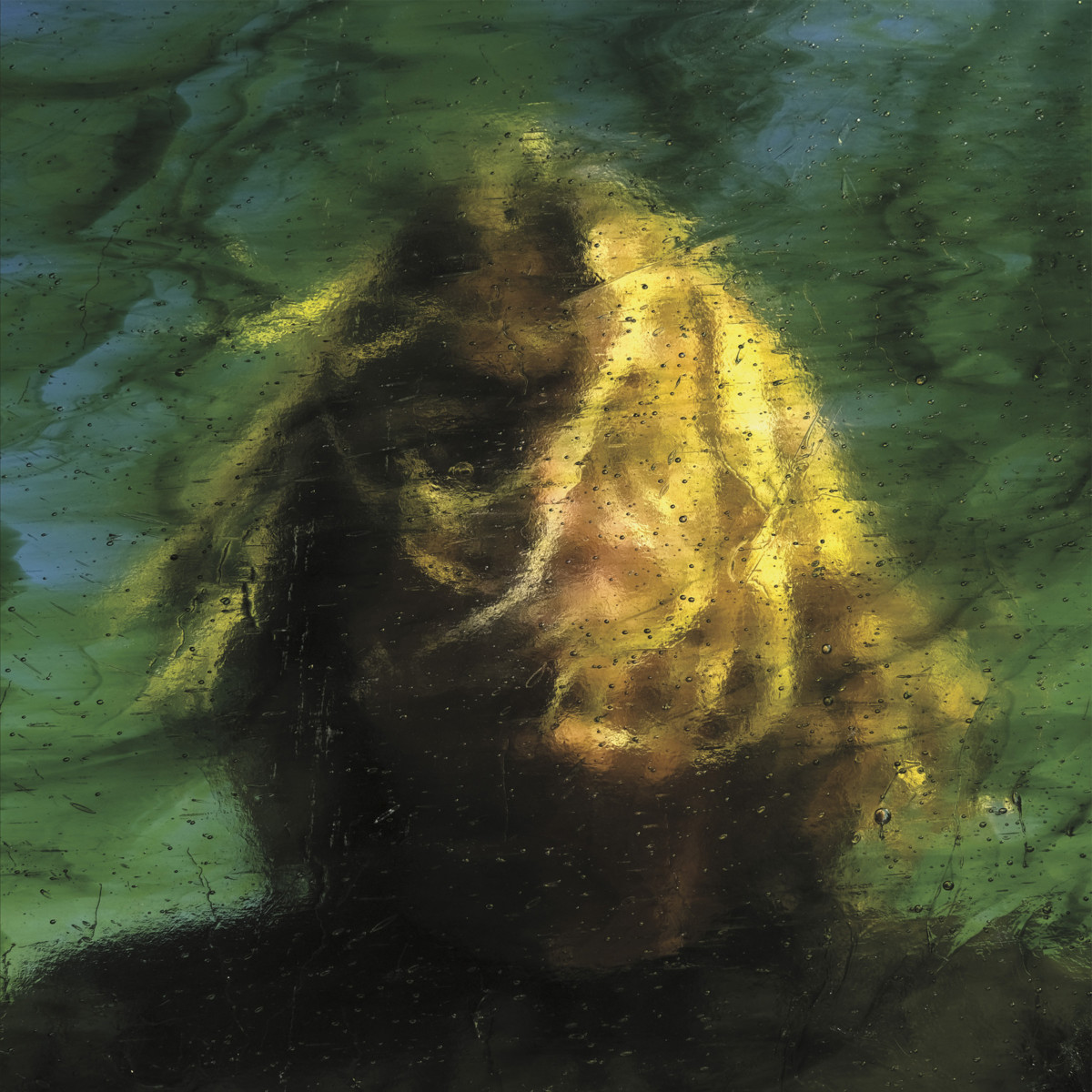 Painting of Ty Segall with face obscured and long hair blowing with green and blue blurred background