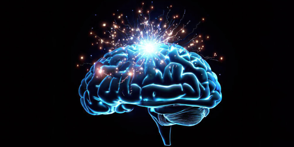 Image of a brain lit up in blue with purplish bursts of light against a black background