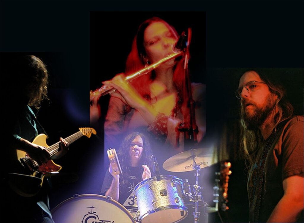 Photo collage of all four band members of Bardo Pond playing their instruments with black background