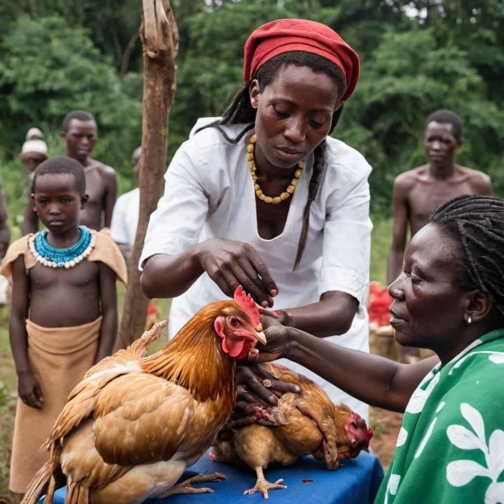 A Bwiti priestess killing chicken while participants look on
