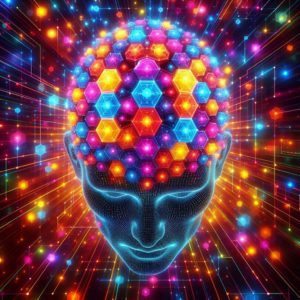 Colorful computer image of a man's head in space with many hexagons in his brain and outside of his head