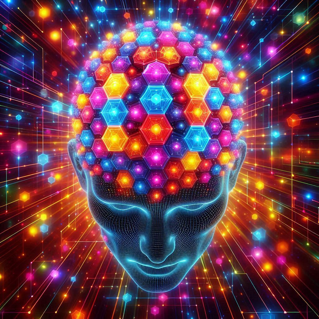 Colorful computer image of a man's head in space with many hexagons in his brain and outside of his head