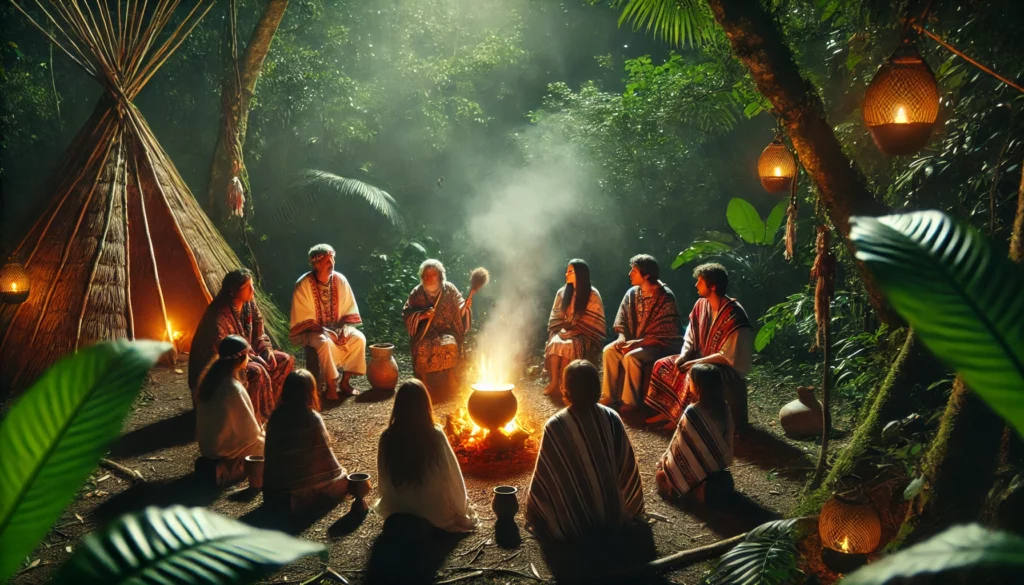 Image of a small ayahuasca ceremony set in the jungle with group of people sitting around in a circle.